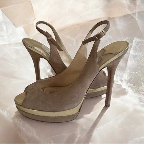 JIMMY CHOO Tan Beige Suede Slingback Heels Size 35.5/5.5 - Picture 1 of 8